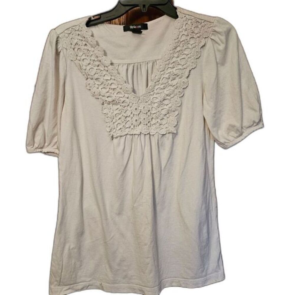 Style & Co‎ White Cotton Eyelet V-Neck Top S | Embroidered Boho Blouse